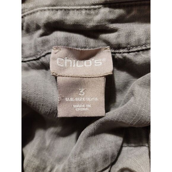 Chico's Gray Stone Wash Shirt Long Tab Sleeve Collared Button Down Tencel Sz 3 - Picture 3 of 9